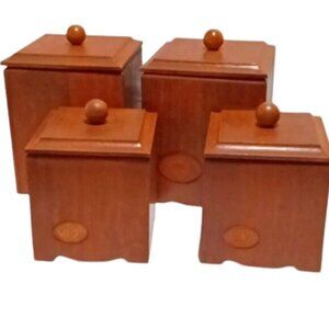 Vintage 1970s Set of 4 Handmade Wooden Canisters w/Lids Flour Coffee Tea Sugar